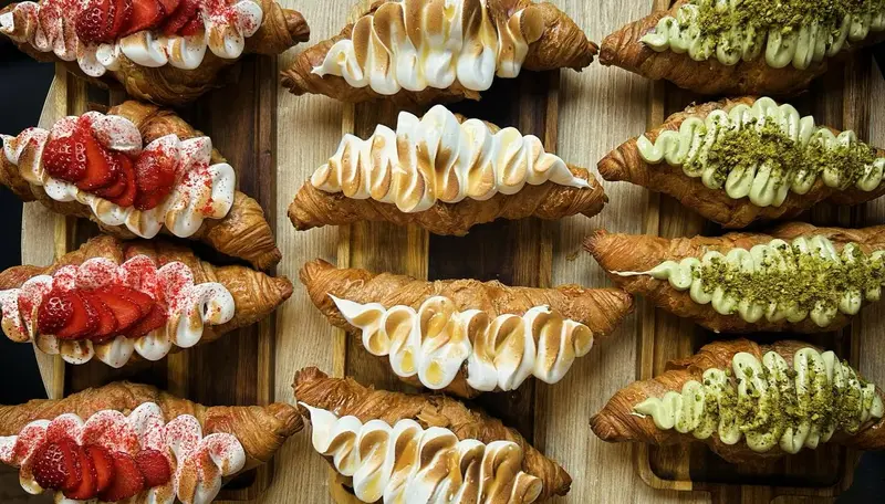 Display of pistachio, strawberry, and lemon croissants